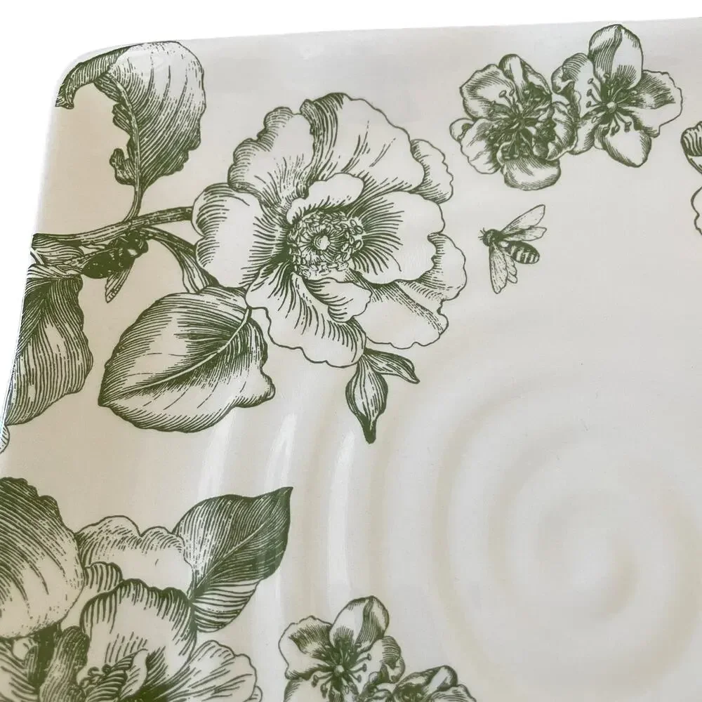 MAXCERA Green Floral Dinner Plates 11in Square Ceramic Set of 2 NEW